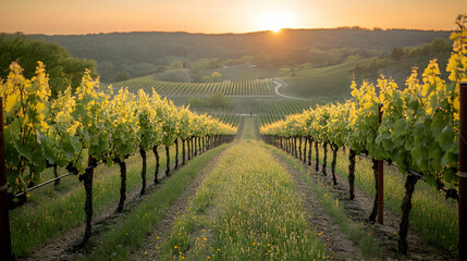 Fototapeta premium Vineyard Rows Under Golden Sunset