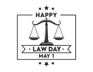 black and white happy law day may 1 graphic featuring scales of justice, stars, and a banner, ideal for legal-themed celebrations and promotions.