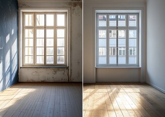 Obraz premium Empty room before and after renovation. Sunlight streaming through windows.
