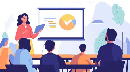 Professional businesswoman delivering engaging business presentation to a diverse audience