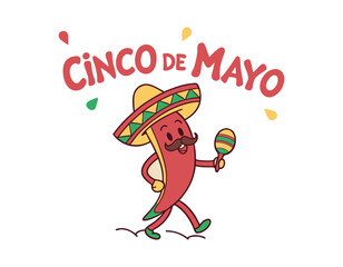 cinco de mayo celebration with a cheerful chili pepper character wearing a sombrero and holding a maraca, perfect for festive designs and holiday promotions.