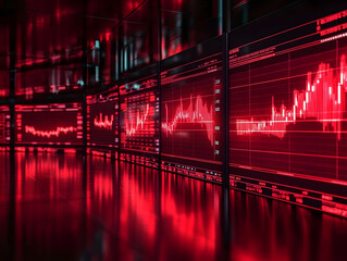 Digital visualization of rising debt graphs on multiple screens, red downward trends, dark trading room atmosphere blur. Red graphs reflect in a blur.