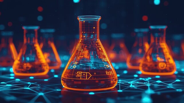 High-tech lab visualization chemical flasks glowing in a futuristic digital network setting