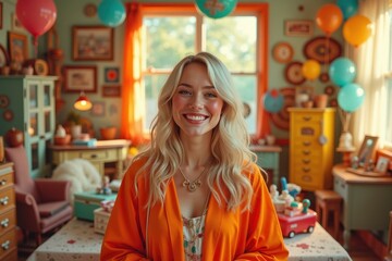 Woman is smiling in room with balloons and table
