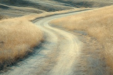 A winding dirt road curves through a field of tall, dry grass under a serene sky.