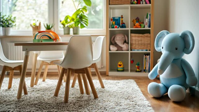 Stylish playroom design with wooden furniture and colorful toys for a cozy child care space