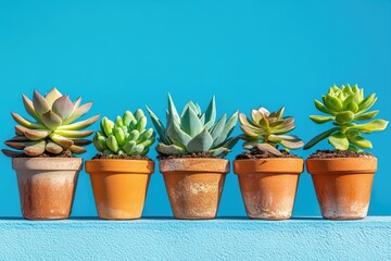 Five succulent plants in terracotta pots, arranged against a vibrant blue background.