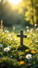 Christian cross surrounded by flowers, symbolizing remembrance and faith.
