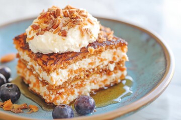 golden-brown pancakes infused with warm carrot cake spices, stacked on a rustic ceramic plate