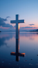 Christian cross reflected on still waters under sunset sky.