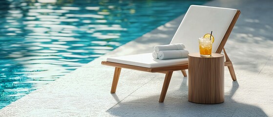 Fototapeta premium A relaxing poolside scene featuring a deck chair and beverage