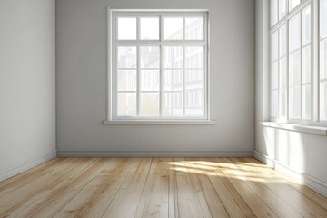 Fototapeta premium Empty room with large window, hardwood floor.