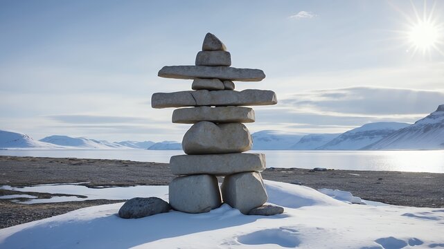 inukshuk in the arctic built by a tribe of northern indigenous people
