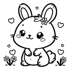 Coloring Page with cute cartoon baby animal, vector hare, rabbit, Coloring book for kids, children. Easy simple line drawing, black white vector illustration for toddler, preschool children, printable