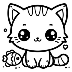 Coloring Page with cute cartoon baby animal, vector cat, kitten, fish. Coloring book for kids, children. Easy simple line drawing, black white vector illustration for toddler, preschool children print