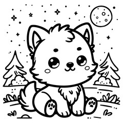 Coloring Page with cute cartoon baby animal, vector wolf, dog, night, forest, moon, Coloring book for kids, children. Easy simple line drawing, black white vector illustration for toddler, preschool