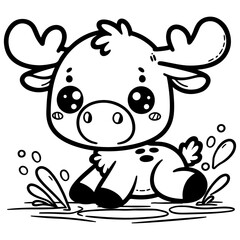 Coloring Page with cute cartoon baby animal, vector moose in a puddle, Coloring book for kids, children. Easy simple line drawing, black white vector illustration for toddler, preschool children print