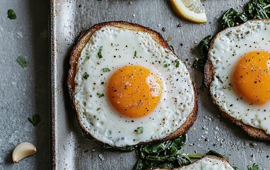 Sunny-side up eggs on toasted bread with spinach.