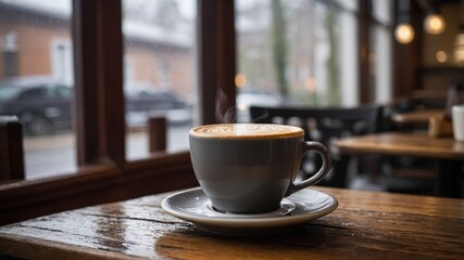 Obraz premium Escena de tranquilidad en una cafetería: taza de café sobre mesa de madera con fondo desenfocado