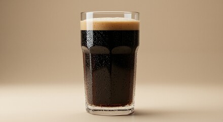 Craft beer in a frosty glass with creamy foam, captured in an elegant minimalist setting, showcasing its dark rich color against a neutral background