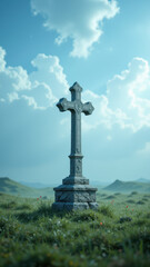 Christian cross in a serene landscape.