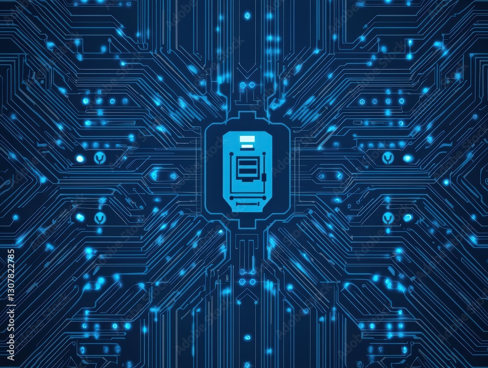 Poster futuristic circuit patterns with central robotics symbol and ai elements in blue and black