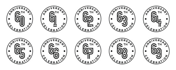 creative anniversary logo design collection number 60 to 69 in black circle and white background. abstract number design vector illustration