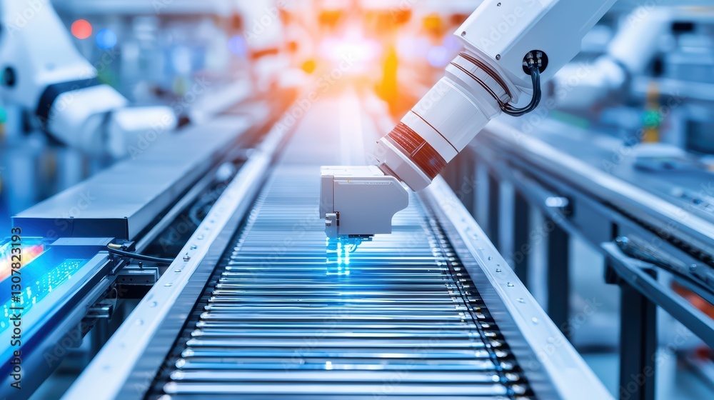 Poster automated factory assembly line with robotic arm in chaotic production environment
