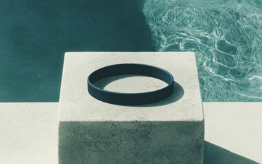 Dark blue silicone wristband on a stone cube by a pool.
