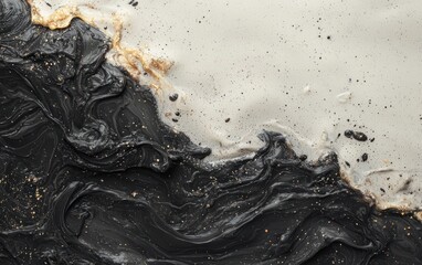 Abstract black, white, and gold paint texture.