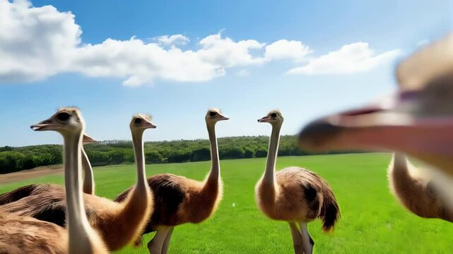 Close-up of ostrich face in a field ecological farming clear blue sky bird farming organic farm