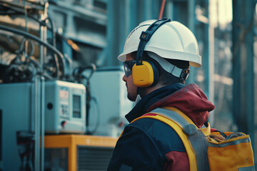 Construction worker wearing a white side-impact safety helmet with yellow noise-reducing earmuffs, inspecting a generator before starting work at an industrial site.