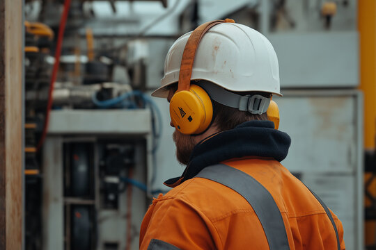 Construction worker wearing a white side-impact safety helmet with yellow noise-reducing earmuffs, inspecting a generator before starting work at an industrial site.