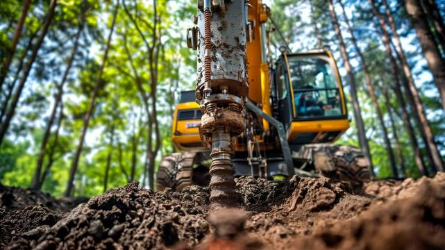 Robust hydraulic drilling rig operates on construction site for bored pile foundations in sunshine