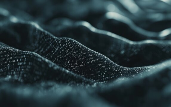 Abstract dark teal wavy surface with binary code texture.
