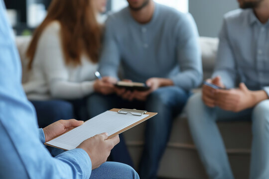 A psychologist takes notes during a family therapy session with a young couple. The husband and wife sit on a couch, holding hands, working through relationship issues.