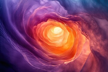 A vibrant, swirling tunnel of rock, illuminated from within, showcasing a spectrum of warm and cool colors.