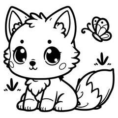 Coloring Page with cute cartoon baby animal, vector wolf, fox, Coloring book for kids, children. Easy simple line drawing, black white vector illustration for toddler, preschool children, printable