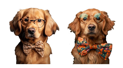Set of Cool Looking Golden Retriever Puppy Dog Wearing Glasses, Isolated on Transparent Background. PNG Element.