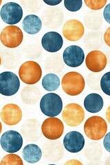 Brightly colored circles in blue, orange, and tan create a playful pattern on a white background, Ideal for use in modern designs, packaging, or children's dÃ©cor,
