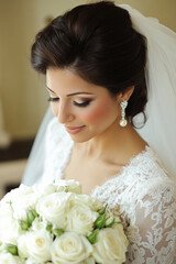 Naklejka premium beautiful bride in a veil and with a luxurious bouquet of flowers, red and white roses