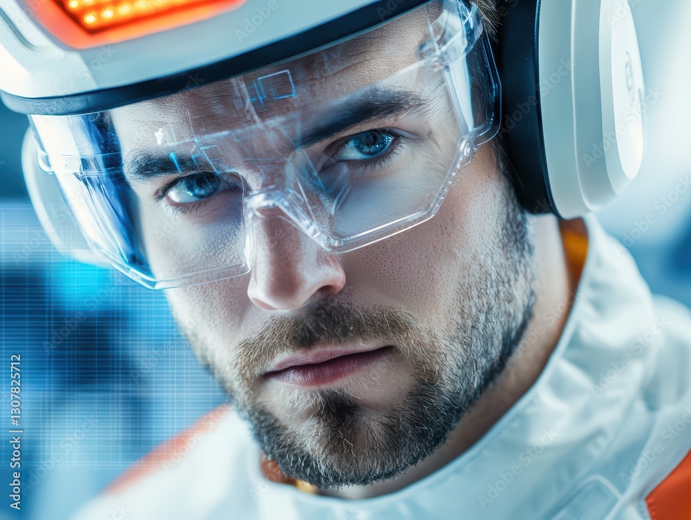 Poster engineer working on advanced futuristic robot prototype in high-tech laboratory environment