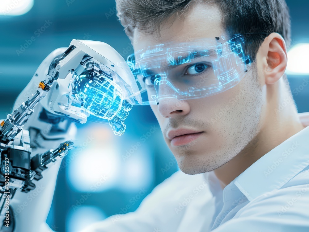Poster engineer working on futuristic robot prototype with high-tech glasses in modern lab environment