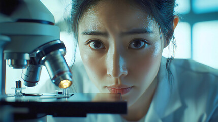 A close-up of an Asian scientist peering through a microscope with lab equipment in the background. 