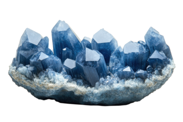 Beautiful blue crystal cluster with sharp points on a white base displayed against a neutral background
