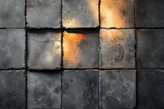 A textured wall of dark, square tiles, illuminated by warm light in parts, creating shadows and depth.