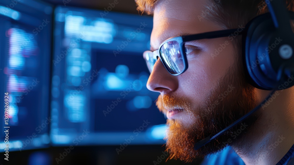 Poster focused programmer designing 3d environments in gaming with modern technology and headset