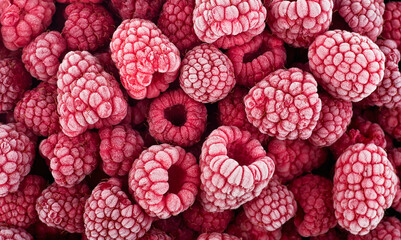 Tasty frozen raspberries as background, view from above. Ripe raspberries with frosty freshness. Summer berries.