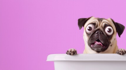 Sad Puppy in Tub with Dramatic Expression Against Pastel Background