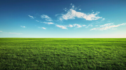 Obraz premium A vast green plain stretching to the horizon under a clear blue sky, with soft shadows from scattered clouds. 